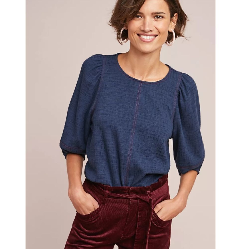 New Anthropologie TOP Current Air Karnes 3/4 Sleeve Navy Blue XS